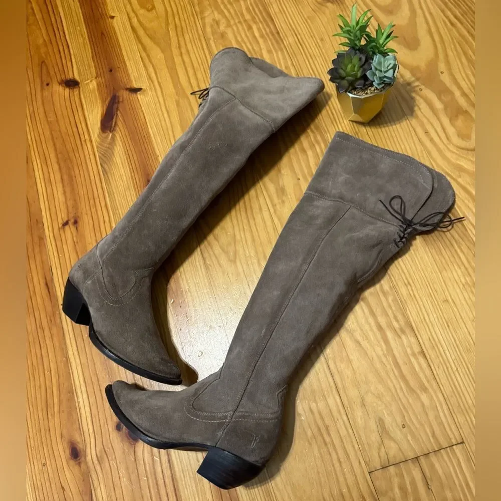 Frye Sacha Over The Knee Tall Ash Tan Suede Leather Side Zip Women’s Size 6.5 B